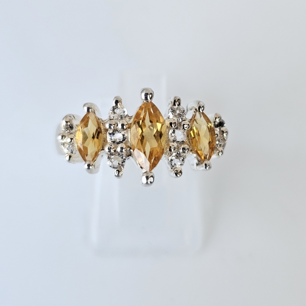 Genuine Citrine & White Topaz Ring Sterling Silver Rhodium Overlay. Size 7.5